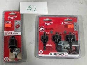 lot 51 image: MILWAUKEE STEP DRILL BITS #1, #2, ANGLE GRINDER ADAPTER, & 3 IMPACT HOLESAW KIT
