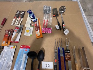 lot 26 image: TABLE FULL OF GRILLING UTENSILS, BRUSHES, TOASTER, & SMOKEN CHIPS
