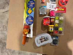 lot 28 image: YOUTH FISHING POLE, SNELLS, LINE, WEIGHTS, HOOKS, JIGS, RAPALA, PLASTICS, BAIT, & INSULATED WORN CONTAINER