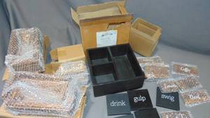 lot 113 image: Mixed Lot Wood AuldHome Remote Control Caddy w Coasters Wood Signs And Risers
