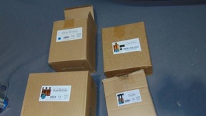 lot 127 image: 14 Mixed Sizes Cornucopia  Glass Bottles  Amber Brown), Lotion Soap Dispensers wBlack Plastic Pumps