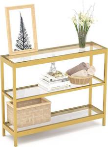 lot 1 image: Table with 3 Tiers, Foyer Tables, Open Glass Sofa Table Gold