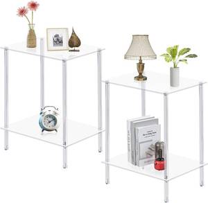 lot 6 image: Acrylic Glass Side Tables with 2 Shelve, End Table Set of 2, Nightstands for Tight Spaces, 2-Tier Tempered Glass Transparent