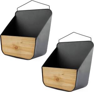 lot 16 image: AuldHome Wood and Black Metal Wall Pockets (2-Pack, Black) Boho Farmhouse Decor VasesGreenery Wall PlantersBasketsPocket Shelves