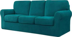 lot 21 image: CHUN YI 7 Piece Stretch Sofa Cover, 3 Seater Couch Slipcover with Three Separate Backrests and Cushions with Elastic Band, Checks Spandex Jacquard Fabric(Large,Teal)