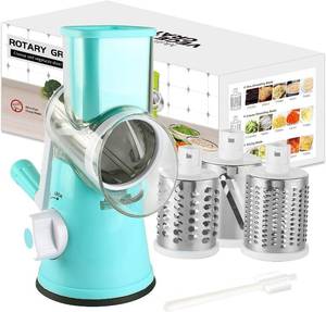 lot 24 image: Manual Rotary Cheese Grater - Round Mandoline Slicer with Strong Suction Base, Vegetable Slicer Nuts Grinder Cheese Shredder with Clean Brush (Blue)