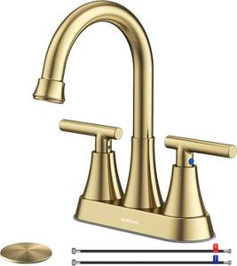 lot 31 image: 4 inch Brushed Gold Bathroom Sink Faucet with Pop-up Drain and 2 Supply Hoses, Stainless Steel Lead-Free 2-Handle Centerset Faucet for Vanity RV