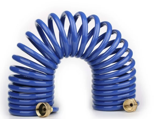 lot 61 image: FUNJEE 12 Heavy-Duty EVA Coil 15 ft Garden Hose with 12 GHT Solid Brass Fittings, Water Hose with Brass Connectors (25FT, Blue)