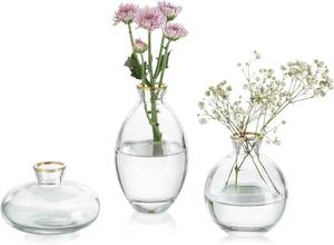 lot 64 image: 4 Packs Of 3 Glasseam Gold Rim Glass Bud Vase, 3PcsSet   Small Mini   Cute Handmade Tiny Wedding Table Centerpieces