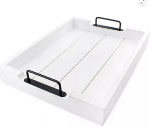 lot 67 image: 2 Pack Lot AuldHome Design Rustic Wood Serving Tray Farmhouse Shiplap Ottoman Tray w Black Metal Handles