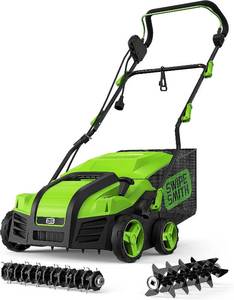 lot 72 image: (2023 Upgraded) SWIPESMITH 16 15 Amp Electric Dethatcher Scarifier, Lawn with 5-Position Depth Adjustment, 14.5 Gal Removable Thatch Collection Bag, Quick-Fold, Keeps Health
