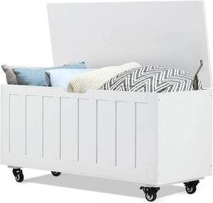 lot 73 image: Evajoy Storage Chest, 39.4 Wooden Storage Bench with 4 Wheels, Shoe Bench with 2 Safety Hinges, Retro Toy Box Organizer Support 300 lbs for Bedroom, Living Room, Easy Assembly, White