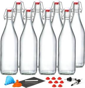 lot 90 image: 8 Pack 1 Liter  33 fl. oz. Swing Top Glass Bottles w Airtight Stopper Lids  Flip Top Brewing Bottle for Fermentation, Kombucha, Mead, Vinegar, Beer, Kefir, Wine  With 8 Extra Seals & 2 Pourers
