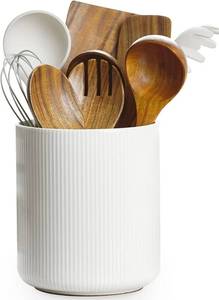 lot 109 image: Getstar Large Kitchen Utensil Holder for Kitchen Counter (H7.2 x W6.2), Ceramic Cooking Utensil Holder with Cork Mat, Kitchen Decor (White, Utensils Not Included)