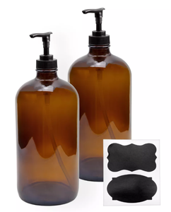 lot 125 image: 2 Packs Of 2 Cornucopia  32oz Amber Glass Lotion Pump Bottles 2pk Quart Size Brown Bottles wBlack Plastic Locking Pump Dispensers