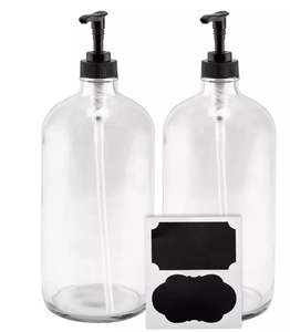 lot 131 image: 2 Packs Of 2 Cornucopia  32oz Clear Glass Pump Bottles  Locking Black Pumps Plastic Quart Size Soap Dispensers Includes Chalk Labels