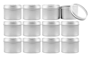 lot 155 image: 24 Mixed Cornucopia  4oz  Metal Tins wView Window Lids, 12pk Silver Party Favor Tins w Clear Lids