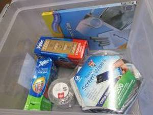 lot 218 image: Tote with Assorted Office Supplies...