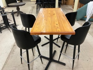 High top Pine finished table with 4 swivel bar stools