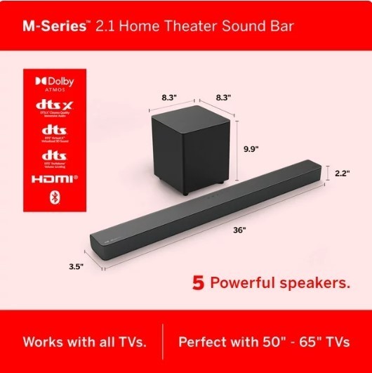 lot 147 image: NEW VIZIO M-Series 2.1 Premium Sound Bar with Dolby Atmos, DTSX, Wireless Subwoofer M215a-J6
