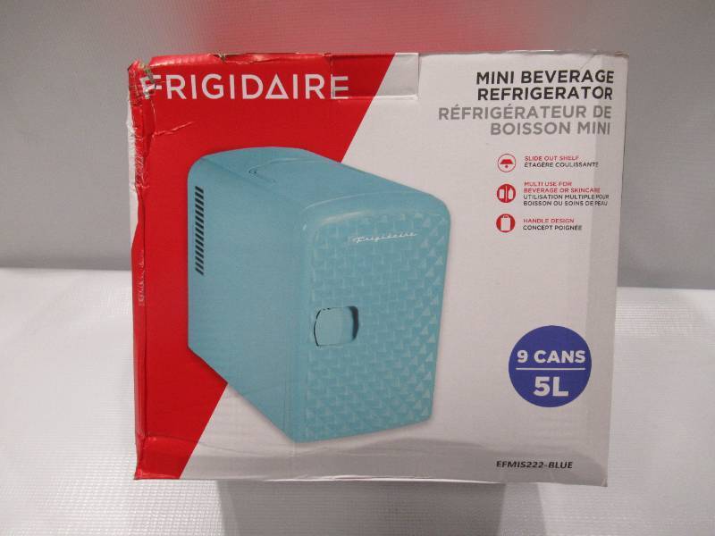 lot 264 image: NEW Frigidaire Diamond 9 Can Mini Beverage & Skin Care Cooler - Baby Blue