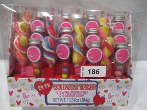 lot 186 image: NEW 24 Pack of Valentine Treats - 12 Swirl Pops and 12 Test Tubes of Bubble Gum