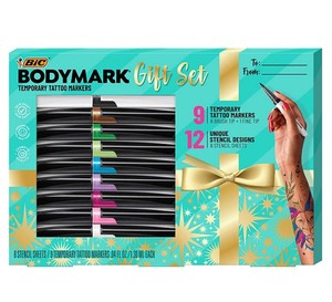 lot 304 image: NEW BIC BodyMark Temporary Tattoo Kit, 9 Markers & 6 Stencil Sheets