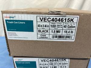 lot 145 image: 2 Cases (10 rolls per each case, 10 bags per roll) NEW Novaplus 45 Gallon VEC404615K 40 x 46 1.5 Mil High Density Garbage Trash Can Liners - Black