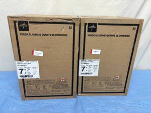 lot 38 image: MSRP $700  2 Cases (200 pairs each per case) NEW Medline MSG5975 Signature Latex Essential Powder Free Surgical Gloves -beaded cuff design ensures easy donning and doffing- textured surface improves grip - Size 7.5 (SOLD On Ebay $120 Per Case)