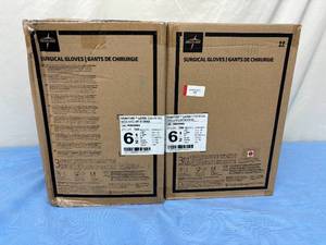 lot 40 image: MSRP $700  2 Cases (200 pairs each per case) NEW Medline MSG5965 Signature Latex Essential Powder Free Surgical Gloves -beaded cuff design ensures easy donning and doffing- textured surface improves grip - Size 6.5 (SOLD On Ebay $120 Per Case)