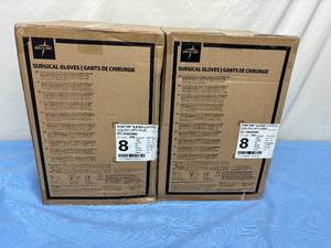 lot 42 image: MSRP $700  2 Cases (200 pairs each per case) NEW Medline MSG5980 Signature Latex Essential Powder Free Surgical Gloves -beaded cuff design ensures easy donning and doffing- textured surface improves grip - Size 8 (SOLD On Ebay $120 Per Case)
