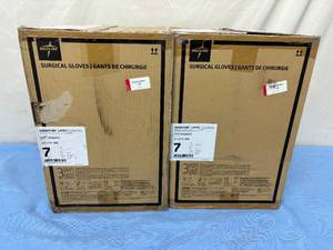 lot 43 image: MSRP $700  2 Cases (200 pairs each per case) NEW Medline MSG5970 Signature Latex Essential Powder Free Surgical Gloves -beaded cuff design ensures easy donning and doffing- textured surface improves grip - Size 7 (SOLD On Ebay $120 Per Case)