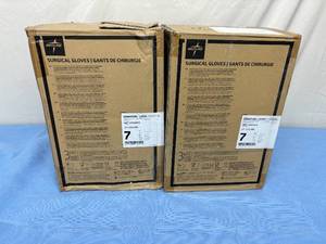 lot 44 image: MSRP $700  2 Cases (200 pairs each per case) NEW Medline MSG5970 Signature Latex Essential Powder Free Surgical Gloves -beaded cuff design ensures easy donning and doffing- textured surface improves grip - Size 7 (SOLD On Ebay $120 Per Case)