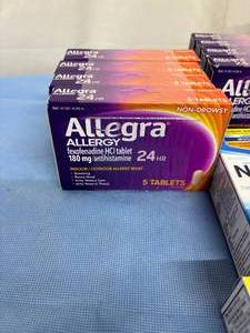 lot 178 image: Lot of Mixed Brand 24-Hour Antihistamine Tablets and Sprays Allergy Symptom Reliever (Allegra, Nasacort, Xyzal) - Expiration 2024 and 2025