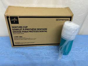 lot 179 image: 1 Case (250 each) NEW Medline 8 oz. Denture Cup - Aqua - ideal for bedside storage of dentures or other small items - Clear plastic lid for easy identification of contents -Lid imprinted with NAME and ROOM
