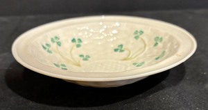 lot 369 image: Vintage Belleek Shamrock All Purpose Bowl &  Vintage Belleek Heart Shaped Ivory Luster 5 Candy  Nut Dish