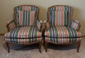 lot 28 image: Pair of Upholstered Accent  Armchairs with Coordinating Footstool