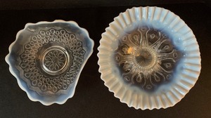 lot 226 image: Antique Jefferson Glass EAPG Many Loops White Blue Opalescent Ruffles Folded Dish & Antique Opalescent Bowl