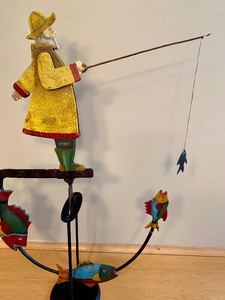 lot 172 image: Folk Art Kinetic Fisherman Whirligig Metal Statue