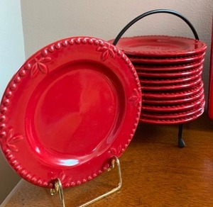 lot 152 image: Pretty Red and White Dessert Plates with Holder, White Pitcher and More