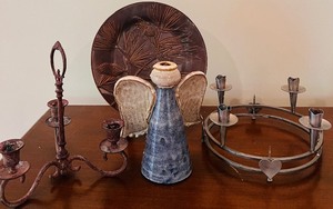 lot 326 image: Beautiful Copper Plate and Stand, Ceramic Angel Candle Holder & Tow Candelabras