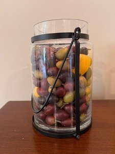 lot 318 image: Vintage Bright Yellow Ceramic Vase and Glass Jar with Details including Faux Fruit