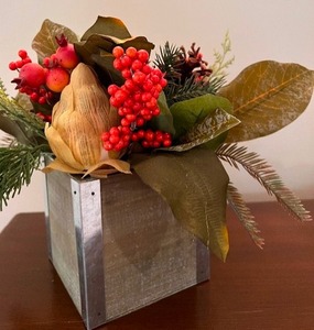 lot 319 image: Vintage Wood Container of Beautiful Fall Faux Flowers