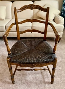 lot 95 image: Vintage Rush Seat Carved Wood Arm Chair