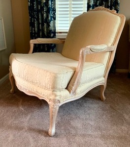 lot 22 image: Gorgeous Neutral Upholstered Arm Chair and Ottoman