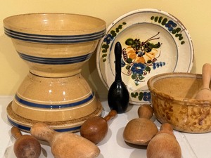 lot 252AA image: Vintage Stoneware  Pottery Mixing Bowls, Sock Darners and More