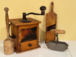 lot 330 image: Antique Wood Coffee Grinder, Hand Held Food Chopper and More