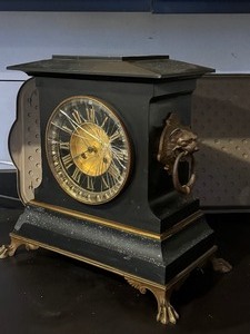 lot 27B image: Antique Cast Iron Clock with Lion Head Figurines and Claw Feet