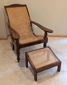 lot 322 image: Vintage Wooden Plantation Chair with Ottoman