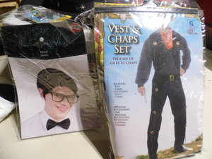 Cowboy costume and nerd costume...